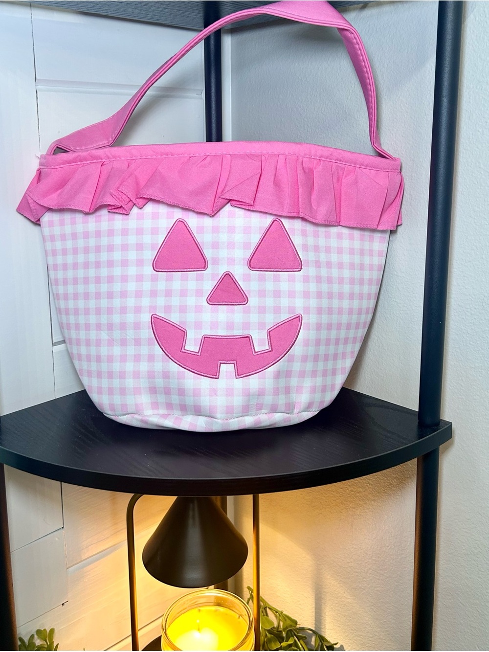 Pink Gingham Kids Trick-or-Treat Bag with Jack-O'-Lantern Face